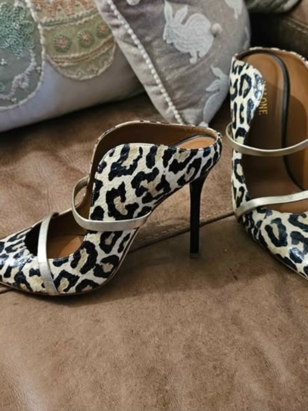 Malone Soulier Leopard Print Pointed Toe Stiletto Heels with Gold Straps